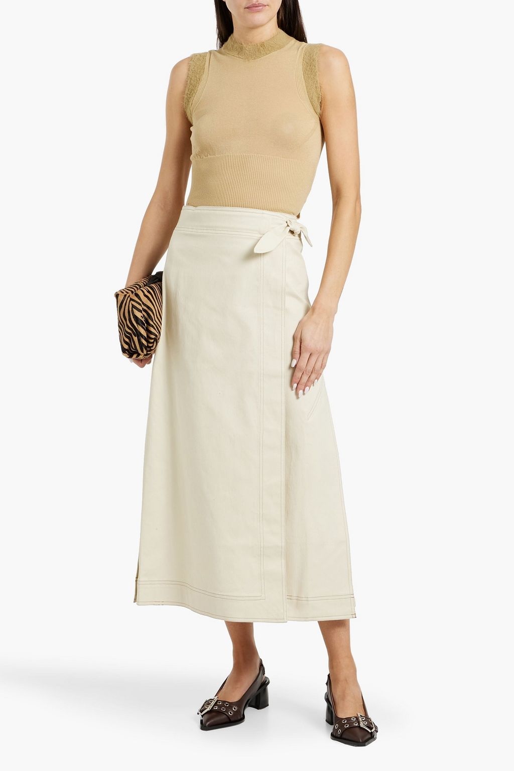 GANNI Cotton-blend midi wrap skirt