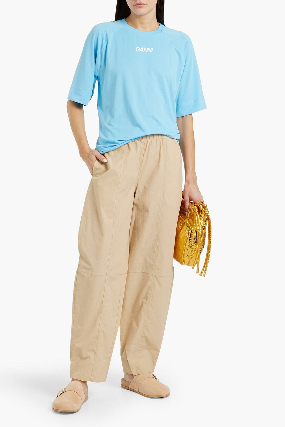 Ganni Logo-print Stretch-jersey T-shirt In Turquoise
