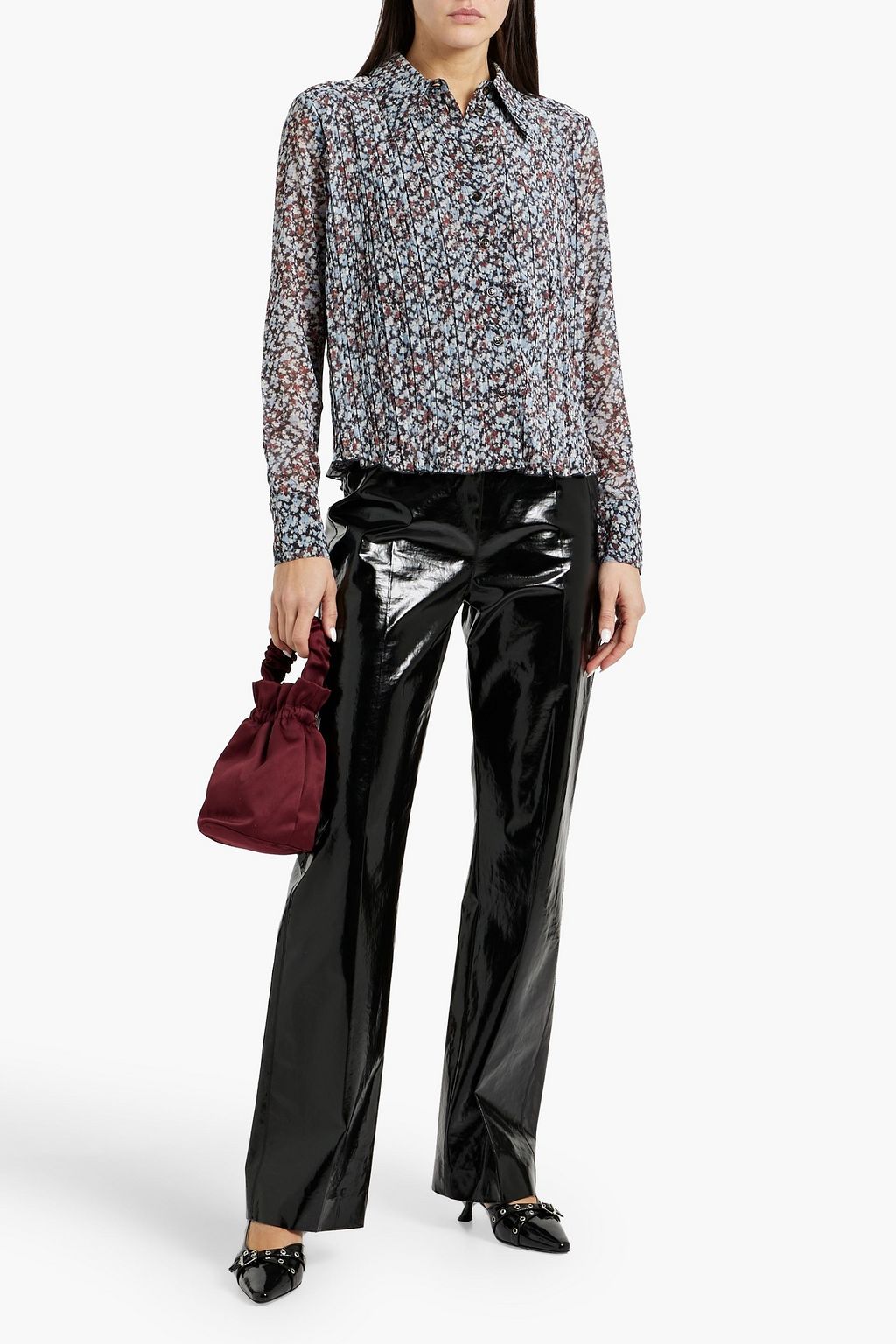 GANNI Pleated printed chiffon shirt