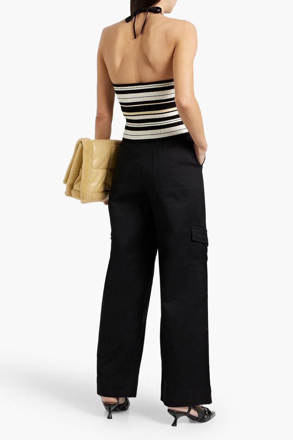 GANNI Striped ribbed-knit halterneck top