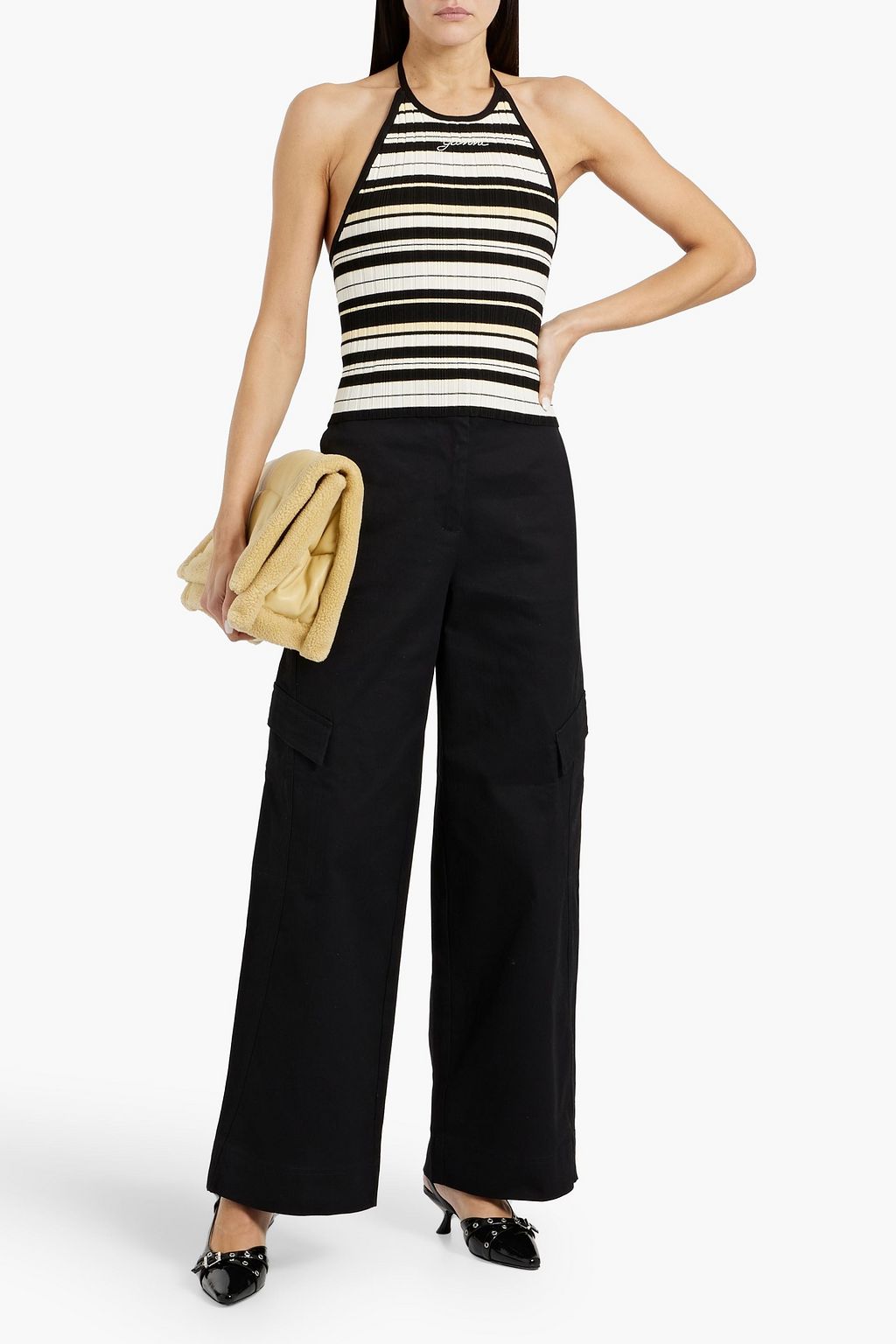 GANNI Striped ribbed-knit halterneck top