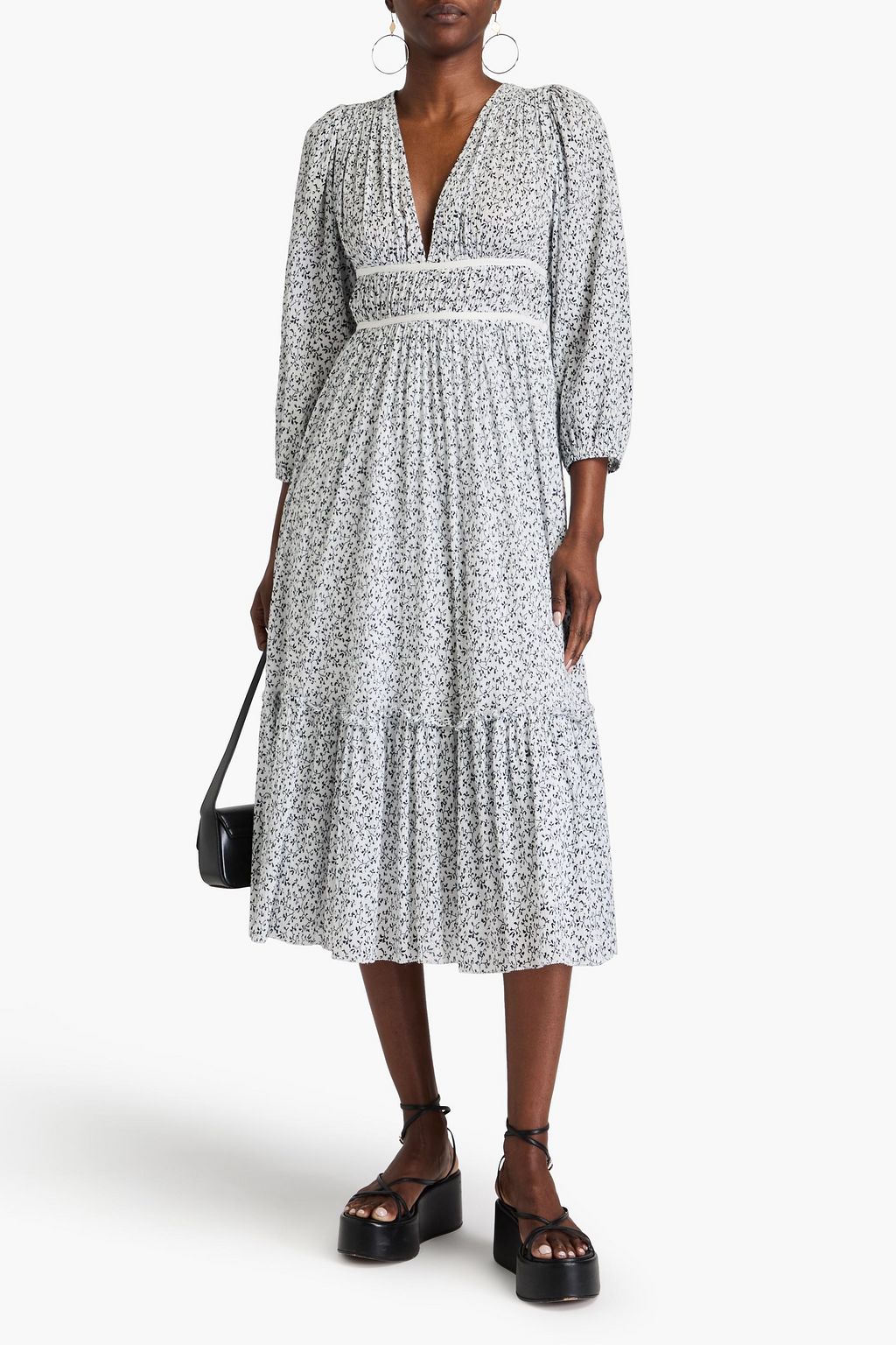 ULLA JOHNSON コットンクレポン ミディワンピース フローラルプリント