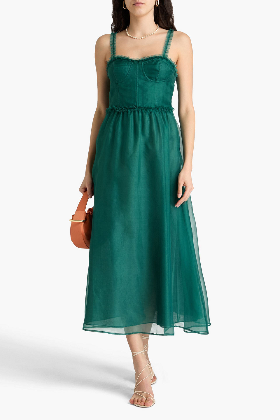 Shop Ulla Johnson Gisele Ruffled Silk-organza Midi Dress In Emerald