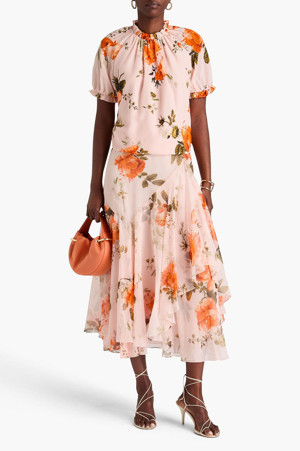 ERDEM RUFFLED FLORAL-PRINT SILK CREPE DE CHINE TOP 