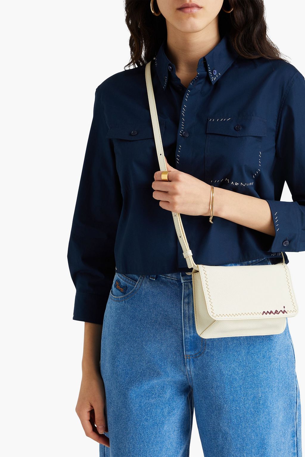 MARNI ペブル加工レザー クロスボディバッグ 刺繍