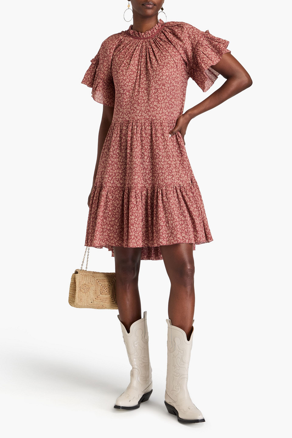 Ulla Johnson Doris Tiered Floral-print Cotton-crepon Mini Dress In Antique Rose