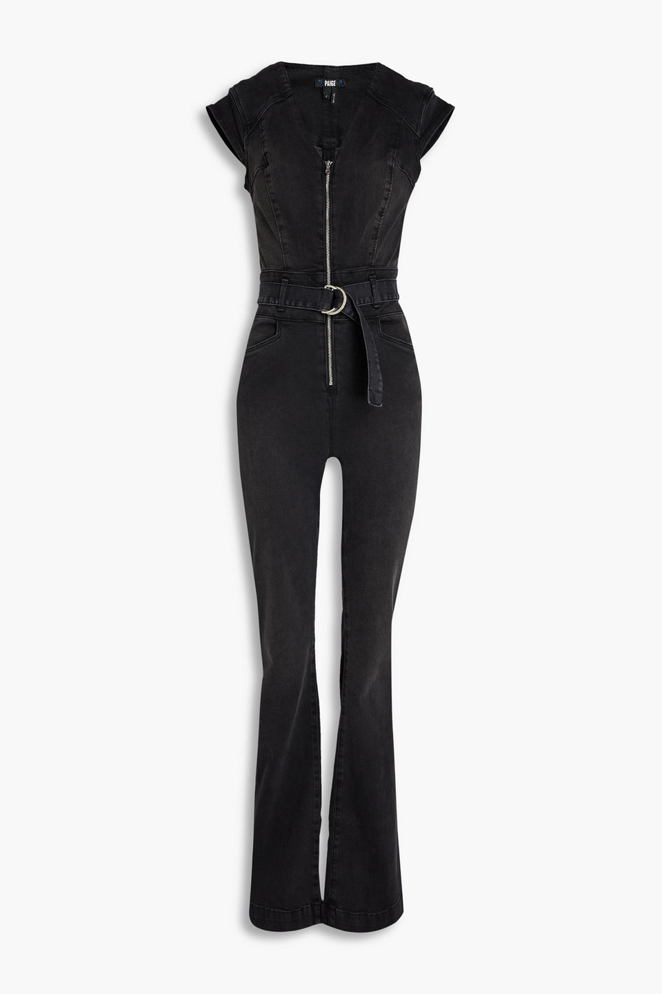 Paige Laurel Canyon Belted Denim Jumpsuit In Kohle