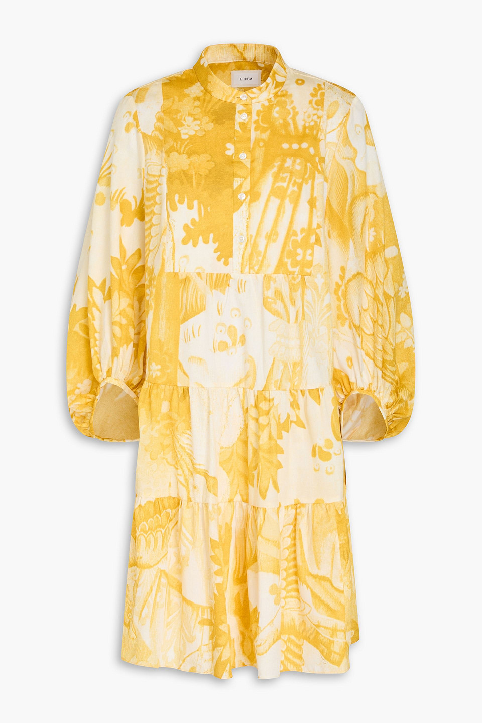 Tiered printed cotton-twill mini shirt dress