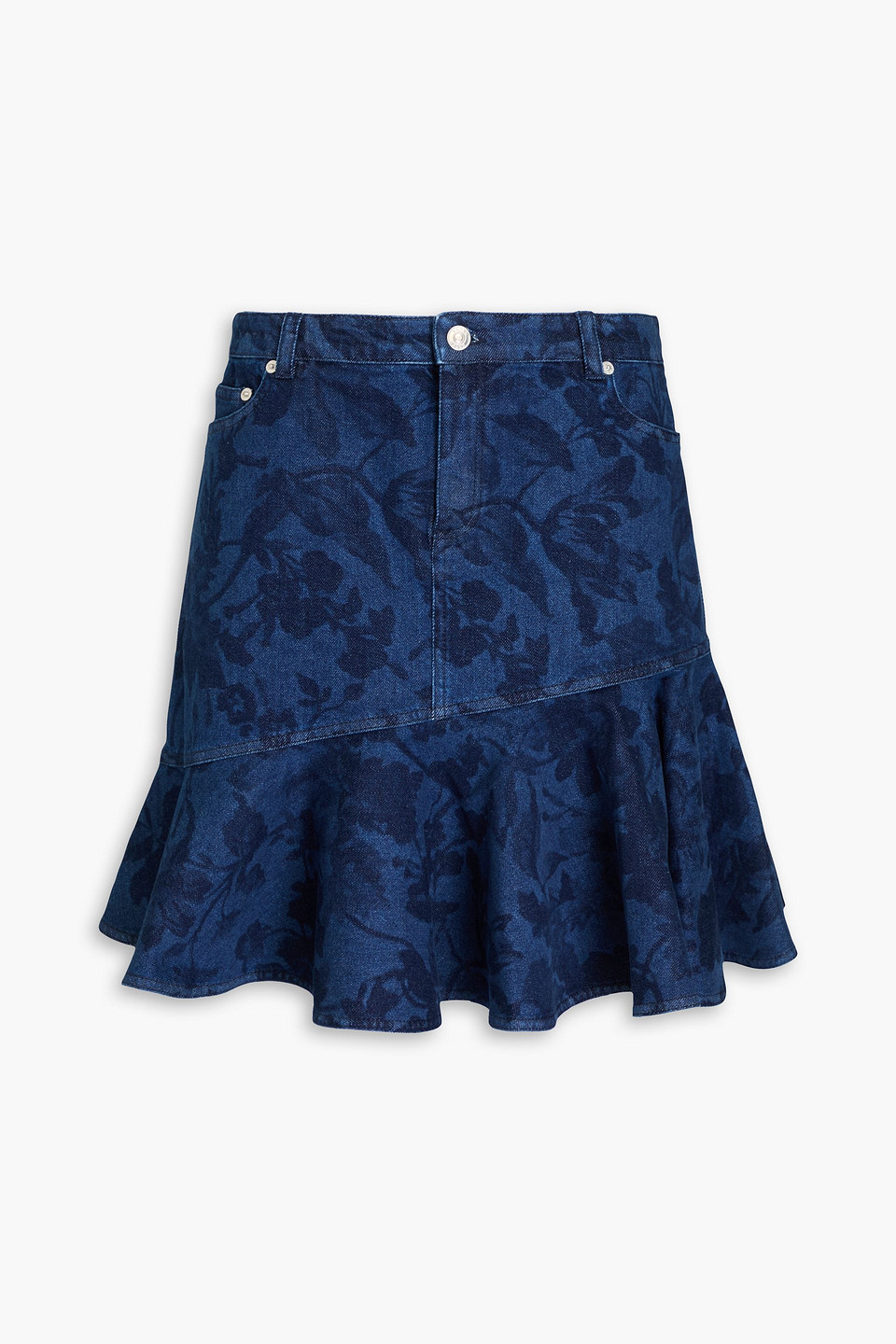 Erdem Ruffled Floral-print Denim Mini Skirt In Dark Denim