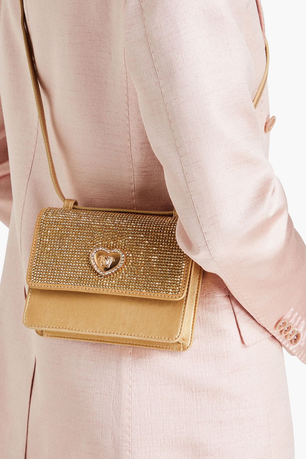 VERSACE Crystal-embellished metallic leather cross-body bag