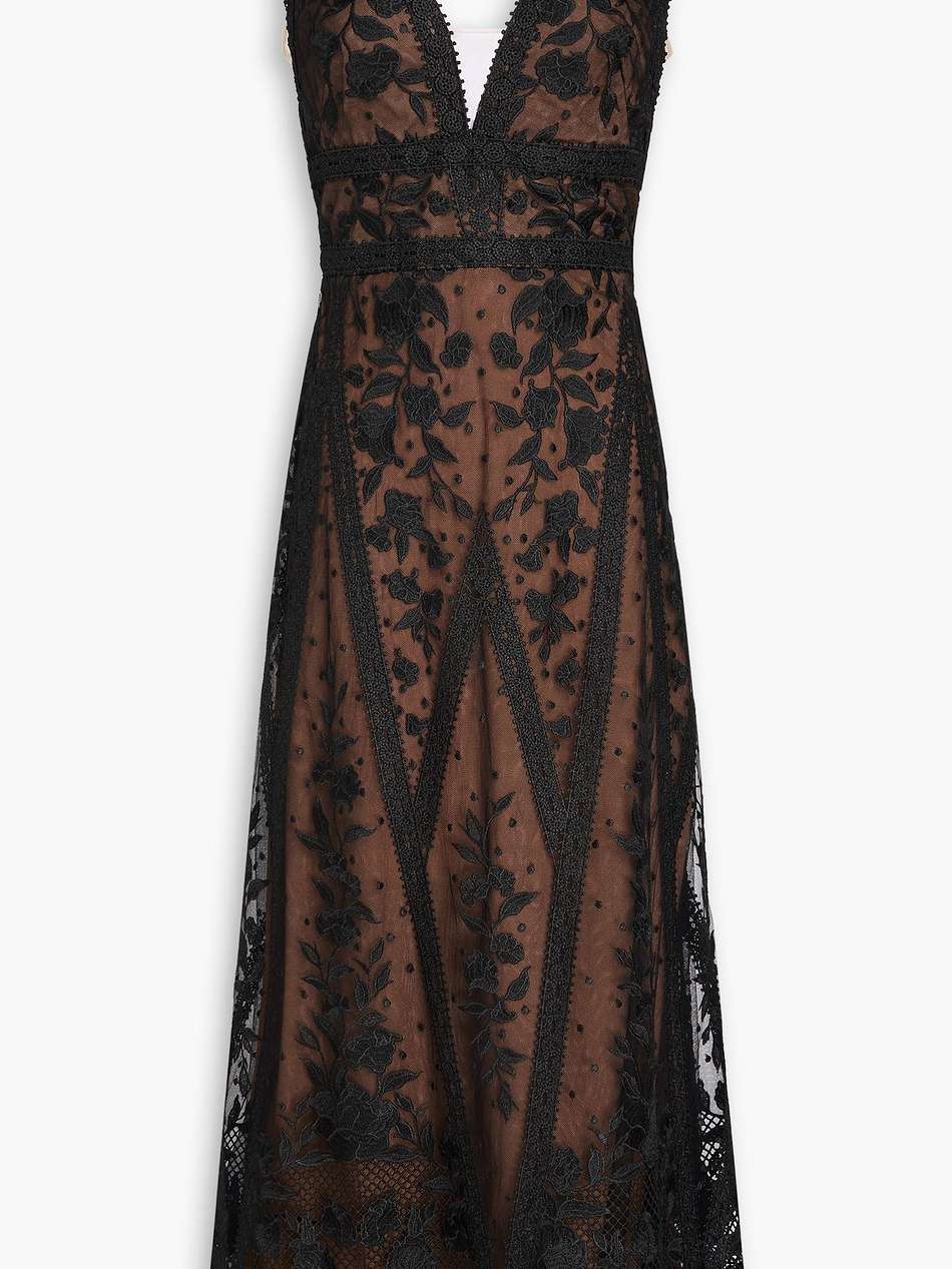 tulle-trimmed guipure lace midi dress