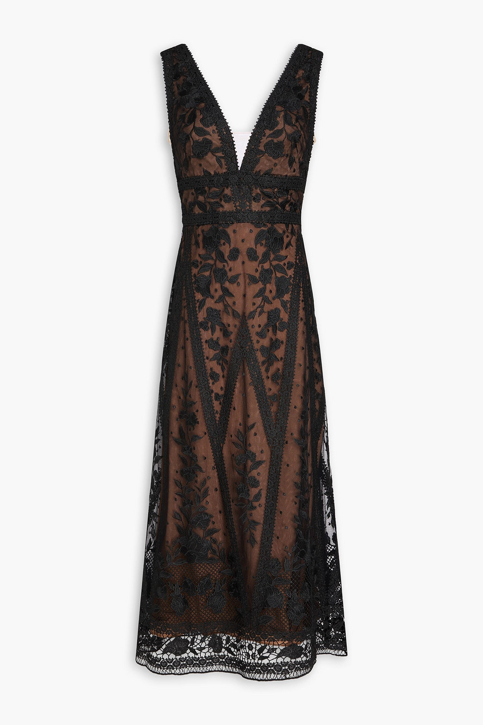 Tulle-trimmed guipure lace midi dress