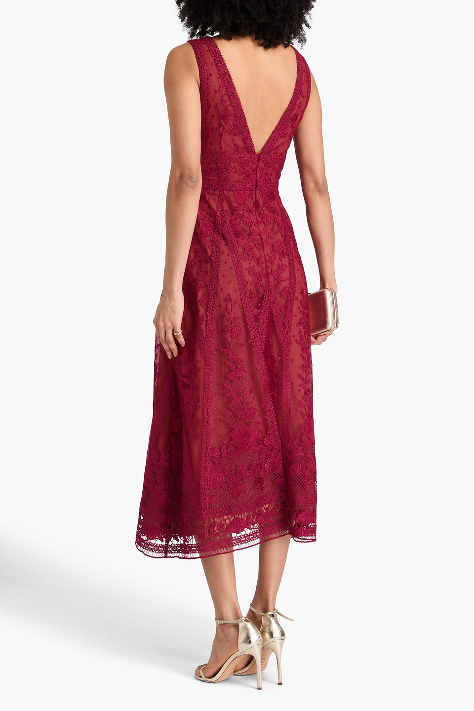 Shop Marchesa Notte Tulle-trimmed Guipure Lace Midi Dress In Burgundy