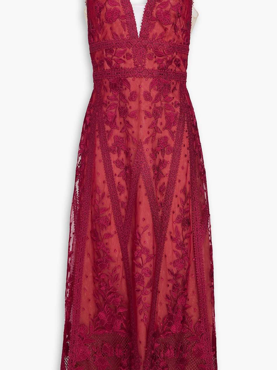 tulle-trimmed guipure lace midi dress