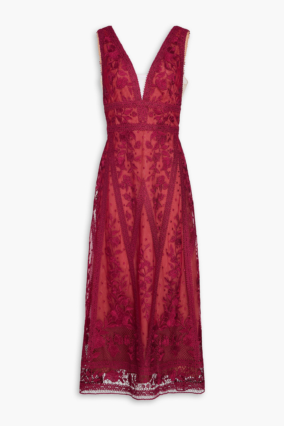 Shop Marchesa Notte Tulle-trimmed Guipure Lace Midi Dress In Burgundy