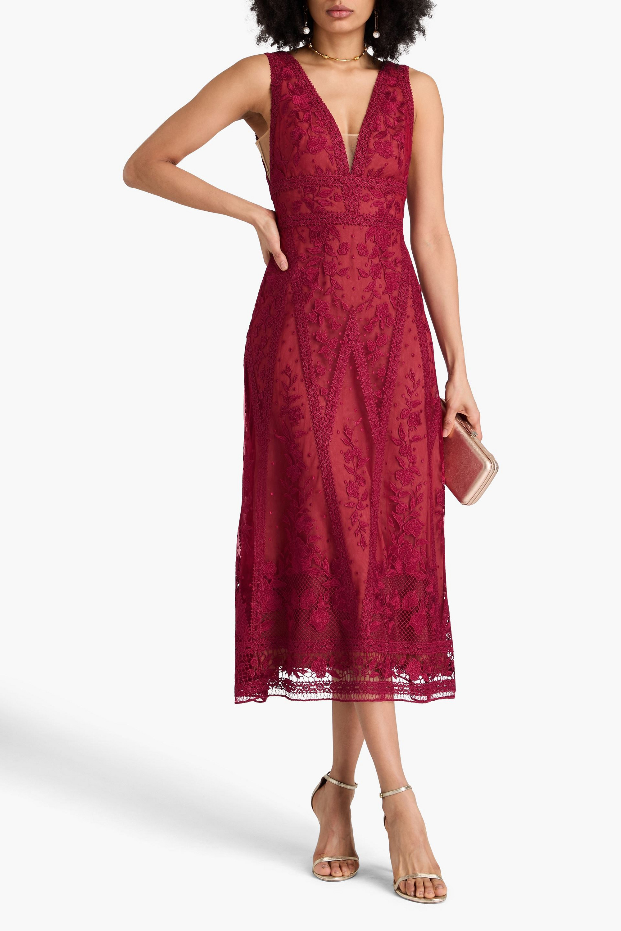 MARCHESA NOTTE Tulle-trimmed guipure lace midi dress