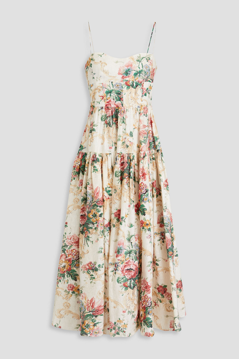 Floral-print linen midi dress