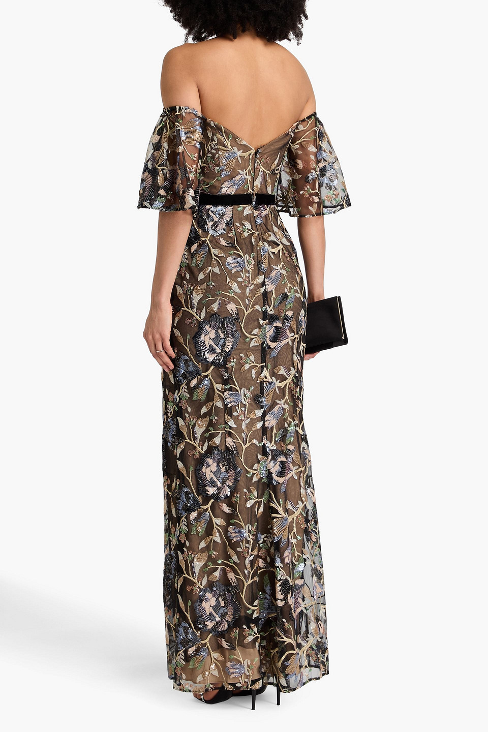 Marchesa Notte Off-the-shoulder Embellished Tulle Gown In Black