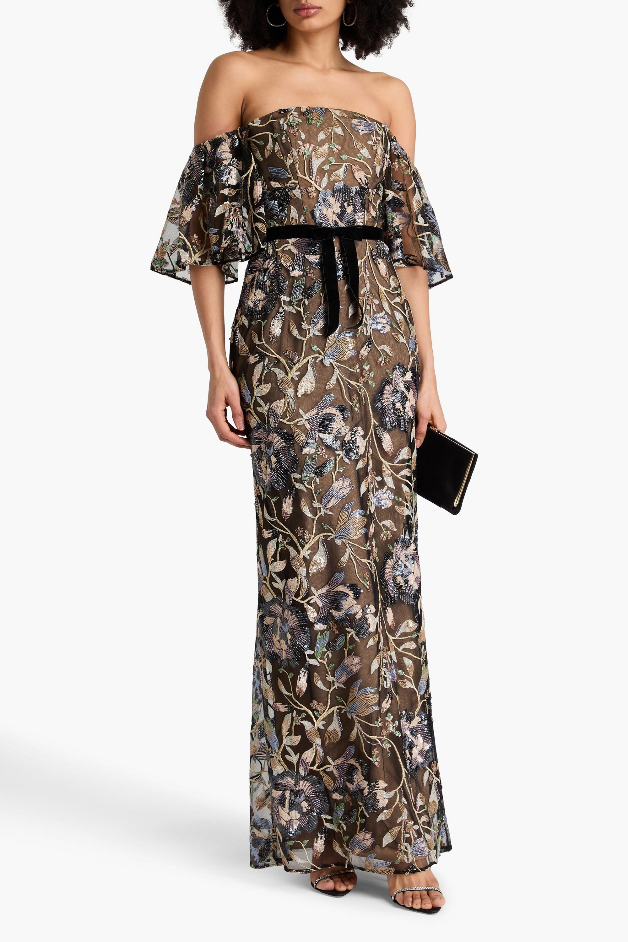 MARCHESA NOTTE Off-the-shoulder embellished tulle gown