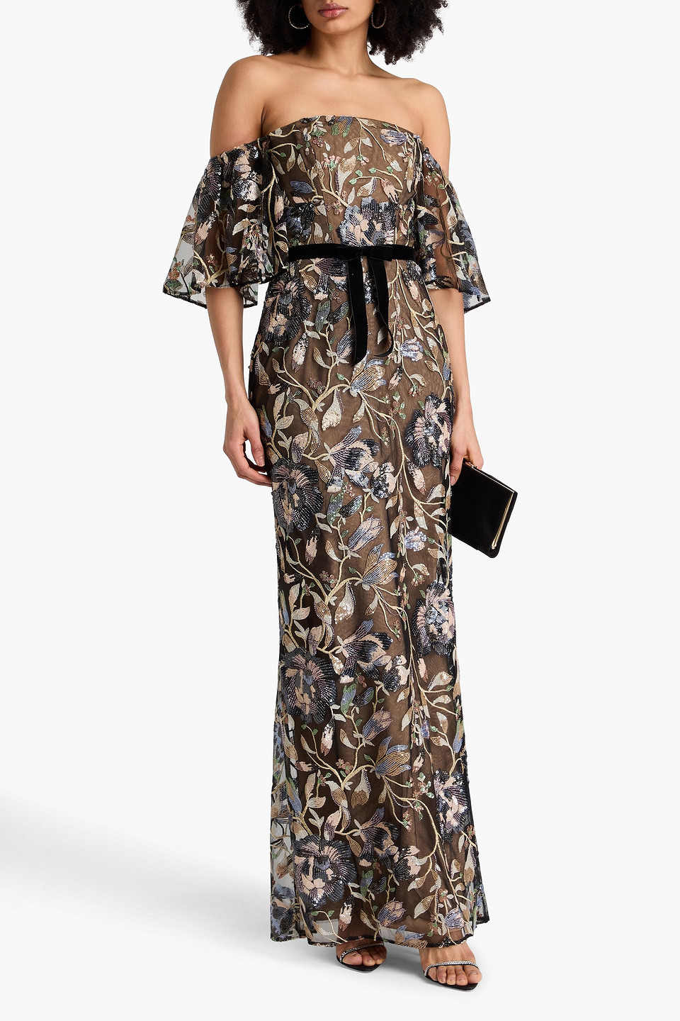 Marchesa Notte Off-the-shoulder Embellished Tulle Gown In Black