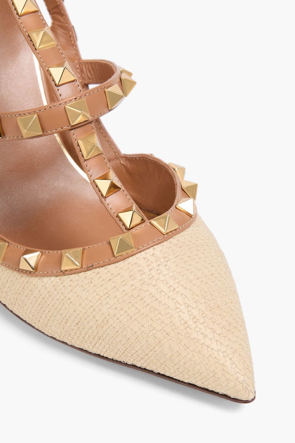 VALENTINO GARAVANI Rockstud leather and faux raffia pumps