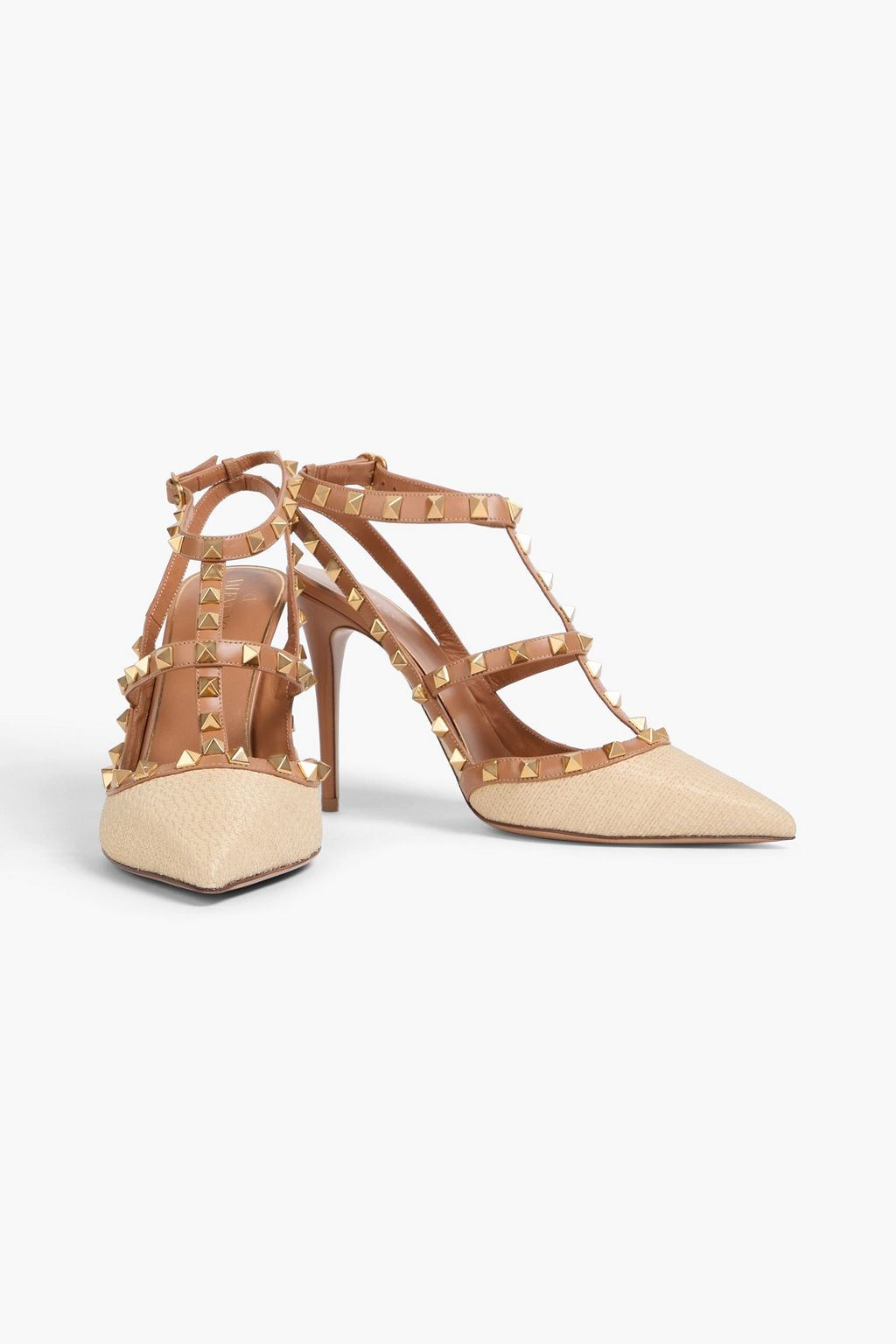 VALENTINO GARAVANI Rockstud leather and faux raffia pumps
