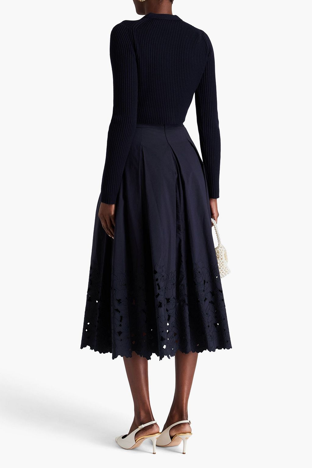 ERDEM コットン混 ミディスカート プリーツ入り イギリス刺繍トリム
