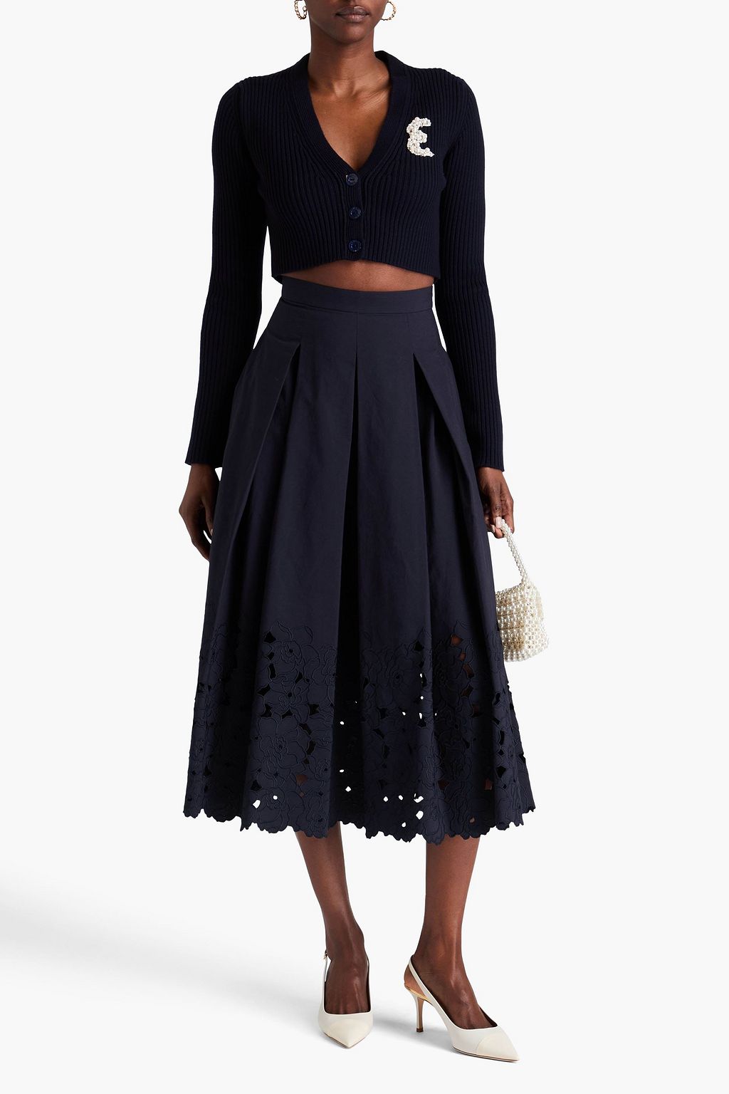 ERDEM コットン混 ミディスカート プリーツ入り イギリス刺繍トリム