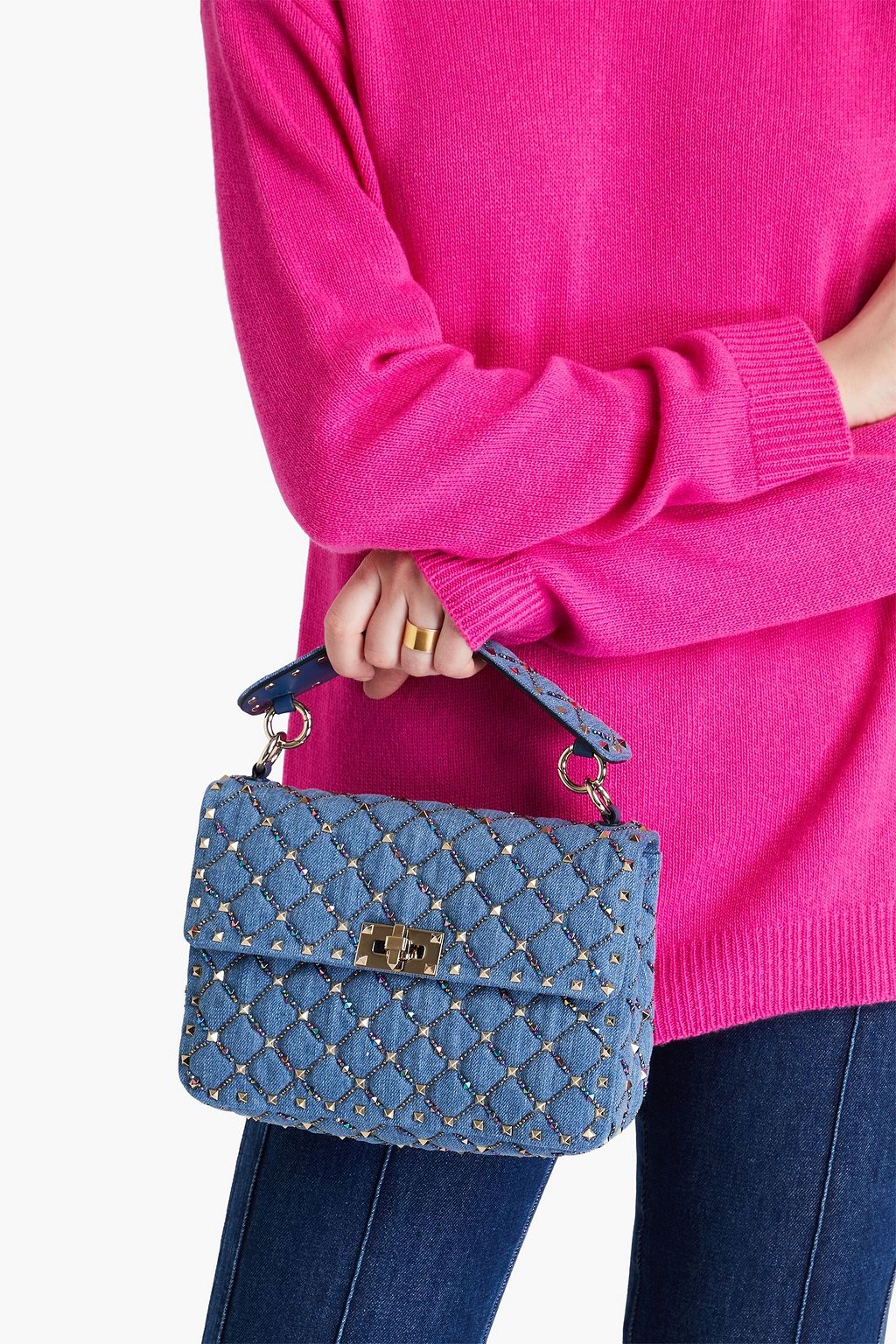 VALENTINO GARAVANI Rockstud embellished quilted denim cross-body bag