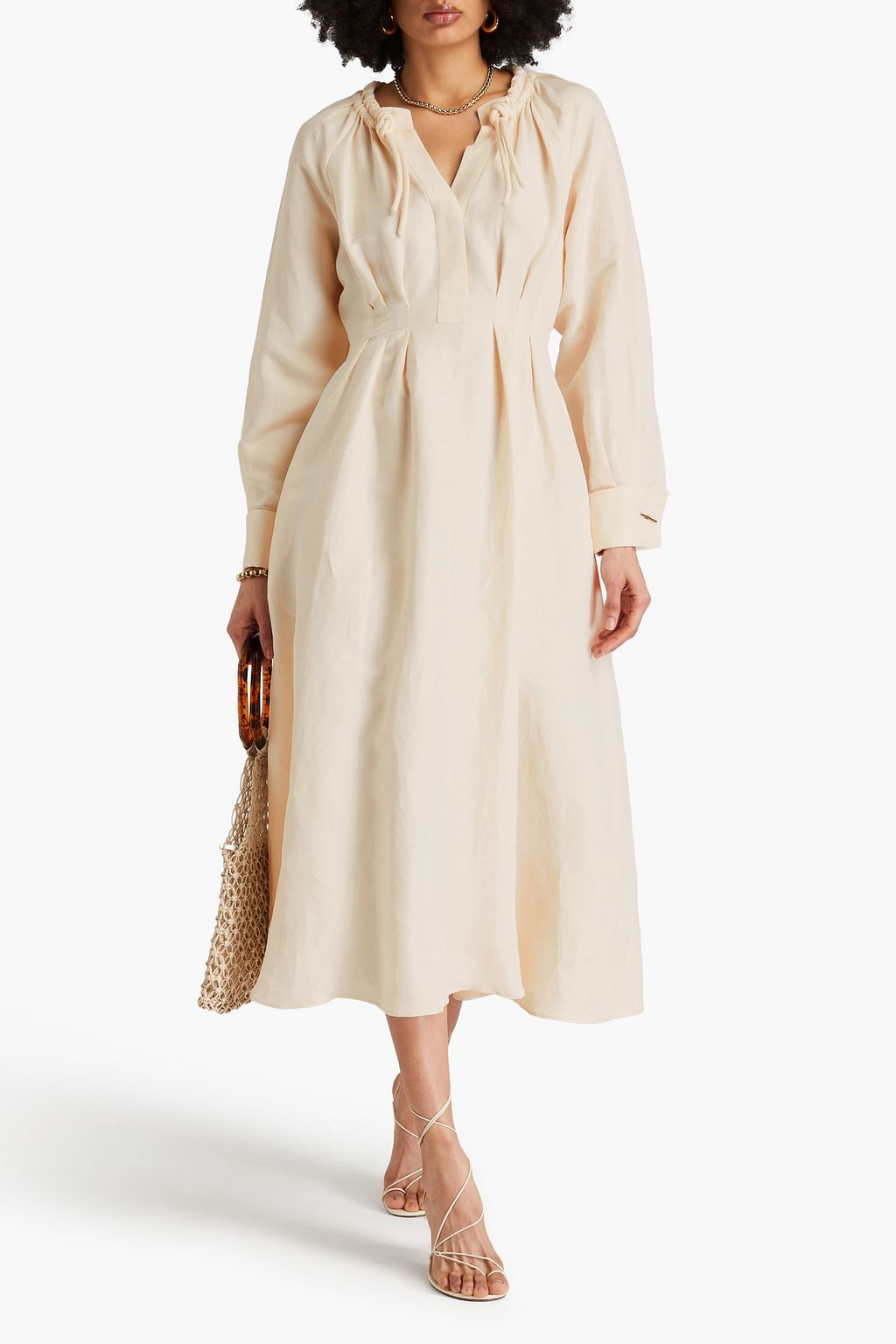 MAX MARA 리넨 실크 혼방 트윌 플리츠 미디 드레스