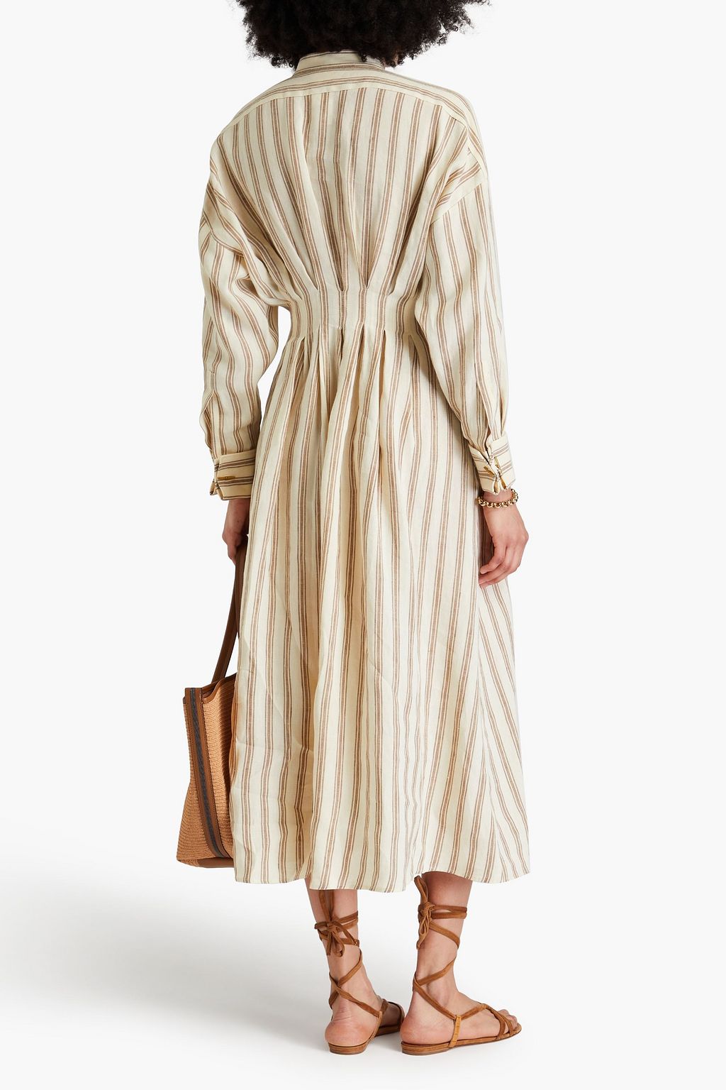 MAX MARA فستان متوسط الطول بأسلوب القميص من الكتان المخطط مزين بكسرات