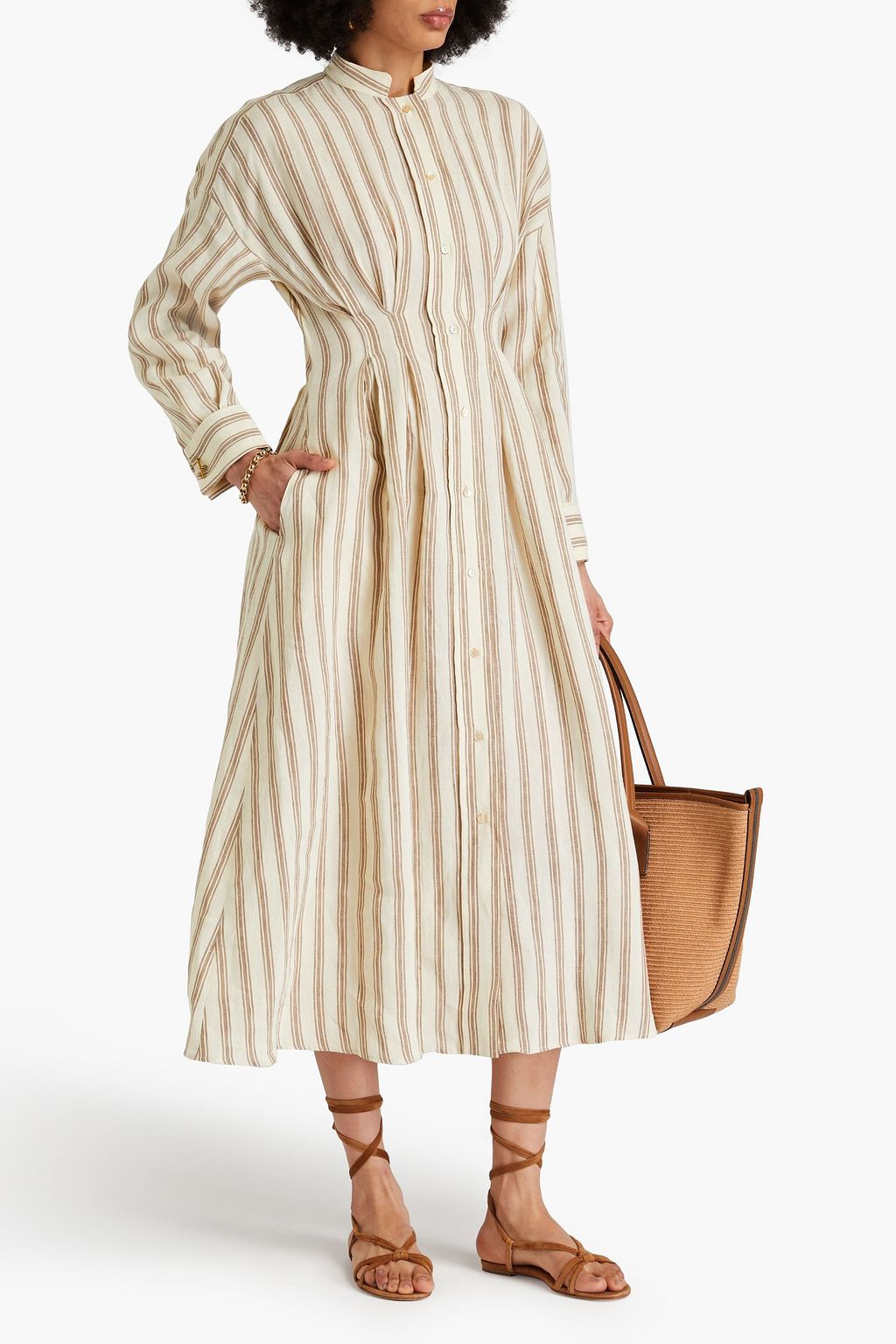 MAX MARA فستان متوسط الطول بأسلوب القميص من الكتان المخطط مزين بكسرات