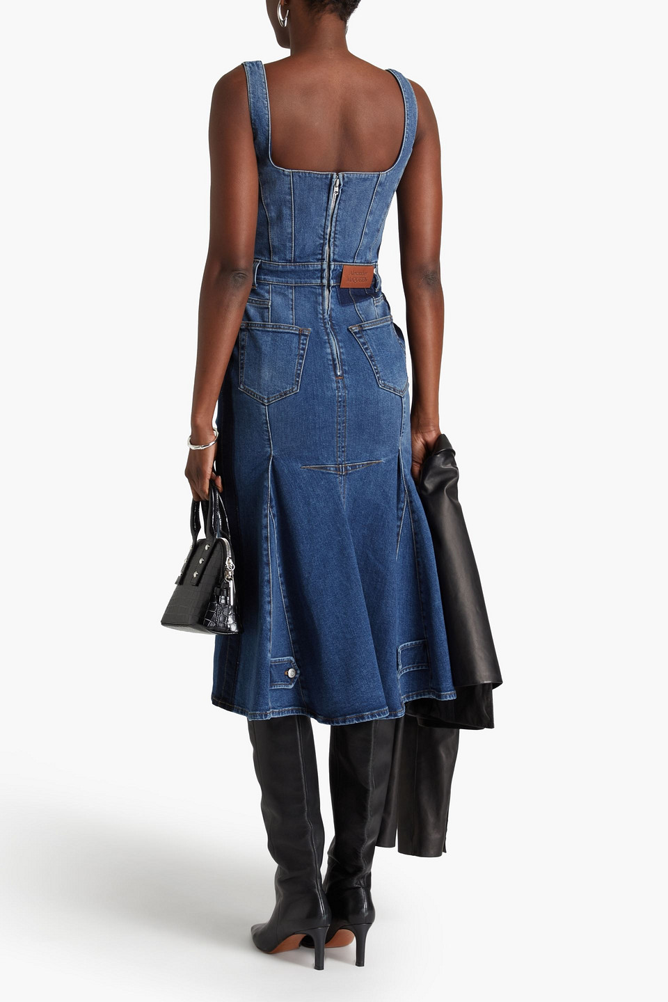 ALEXANDER MCQUEEN PLEATED DENIM MIDI DRESS