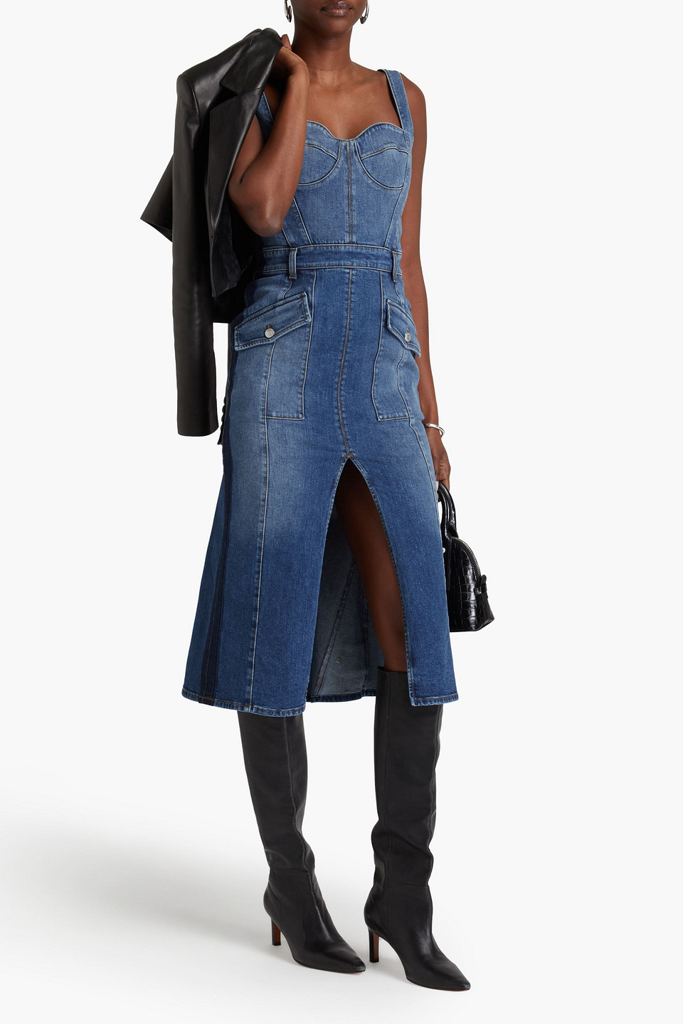 ALEXANDER MCQUEEN PLEATED DENIM MIDI DRESS
