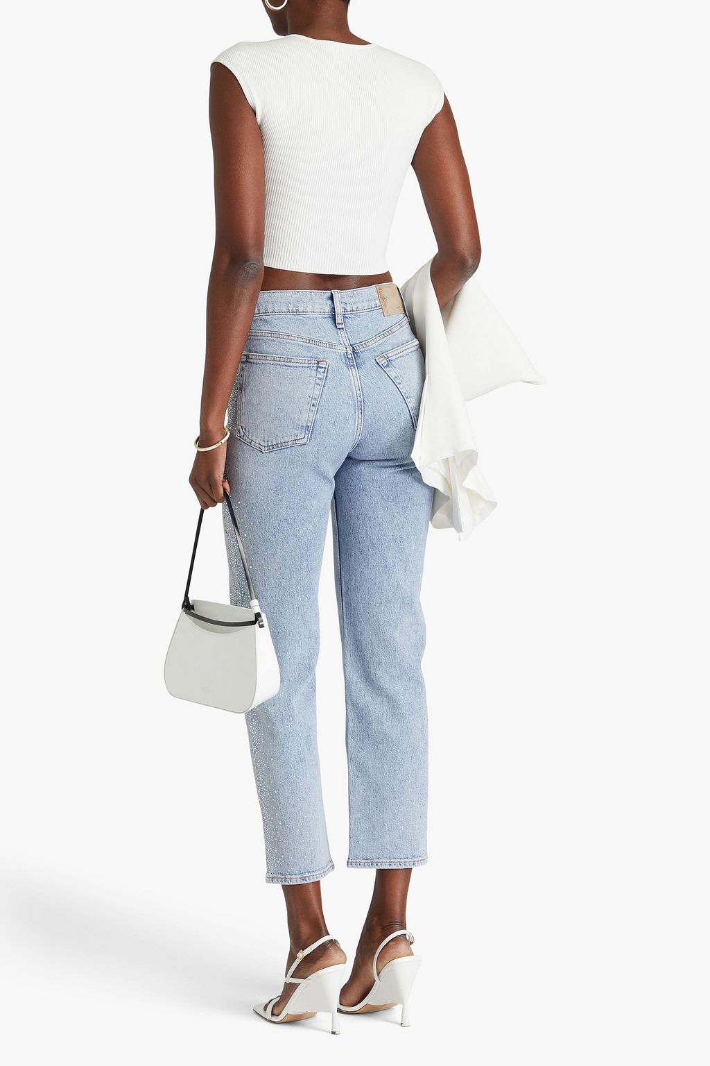 RAG & BONE جينز هارلو قصير بأرجل مستقيمة وخصر مرتفع مزيّن بالكريستال