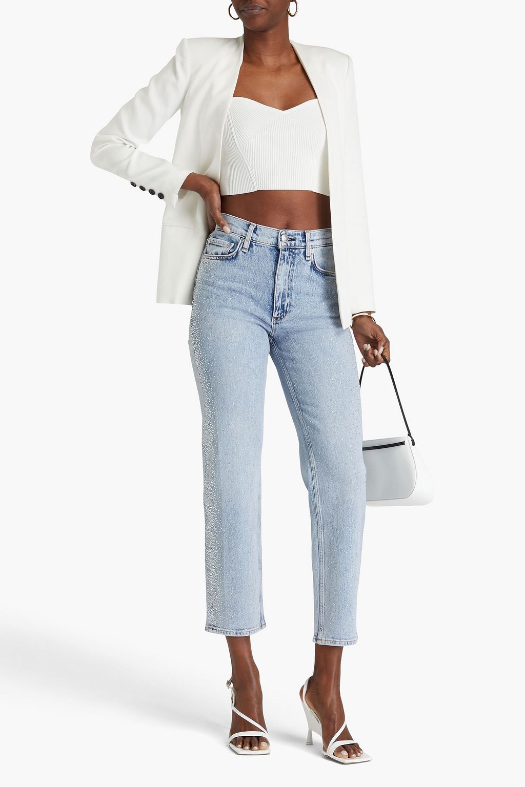 RAG & BONE جينز هارلو قصير بأرجل مستقيمة وخصر مرتفع مزيّن بالكريستال