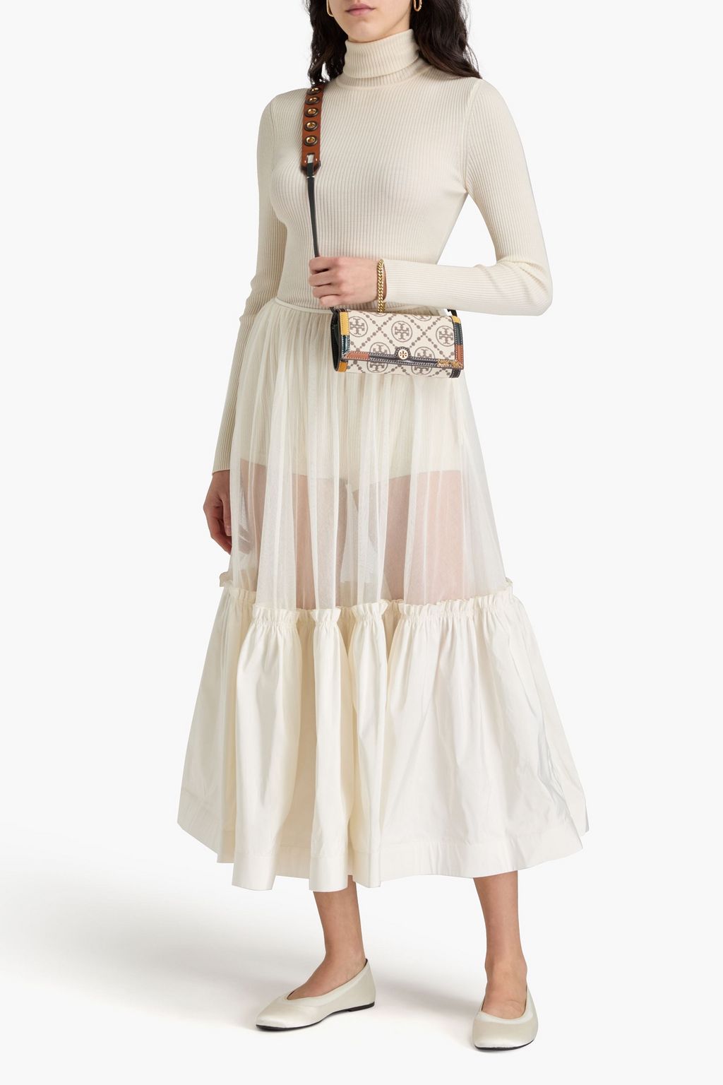 TORY BURCH 러플 장식 코튼 혼방 튤 & 태피터 미디 스커트