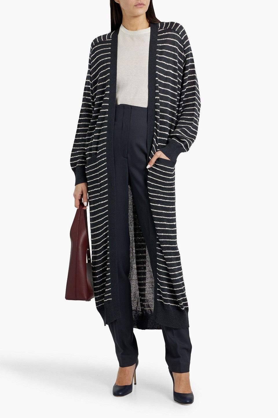 Brunello Cucinelli Sequin-embellished Striped Cotton Cardigan In Midnight Blue