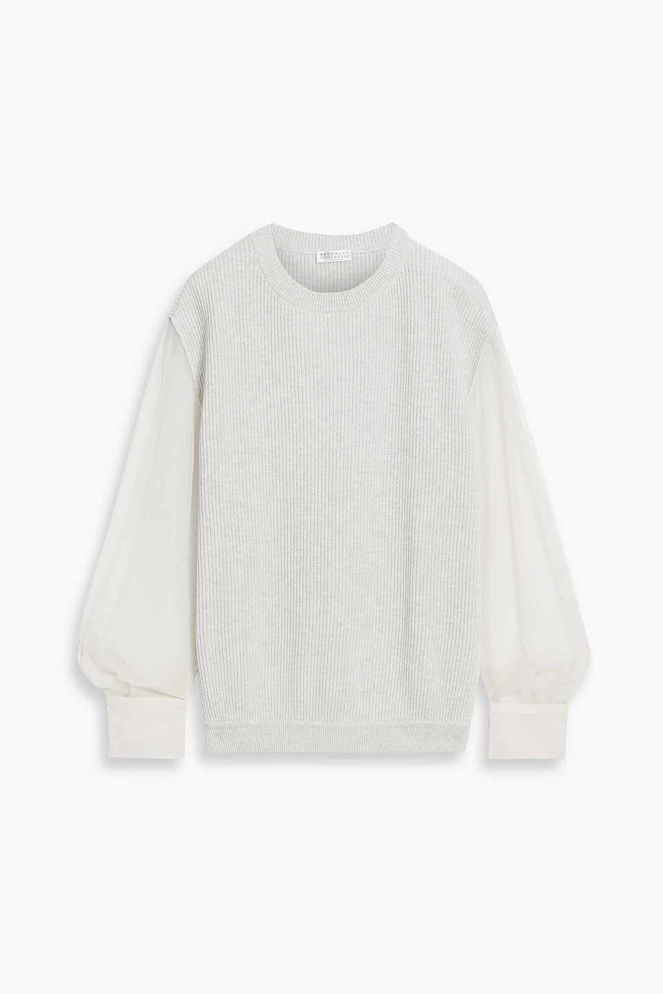 Brunello Cucinelli Chiffon-paneled Ribbed Cotton Sweater In Gray