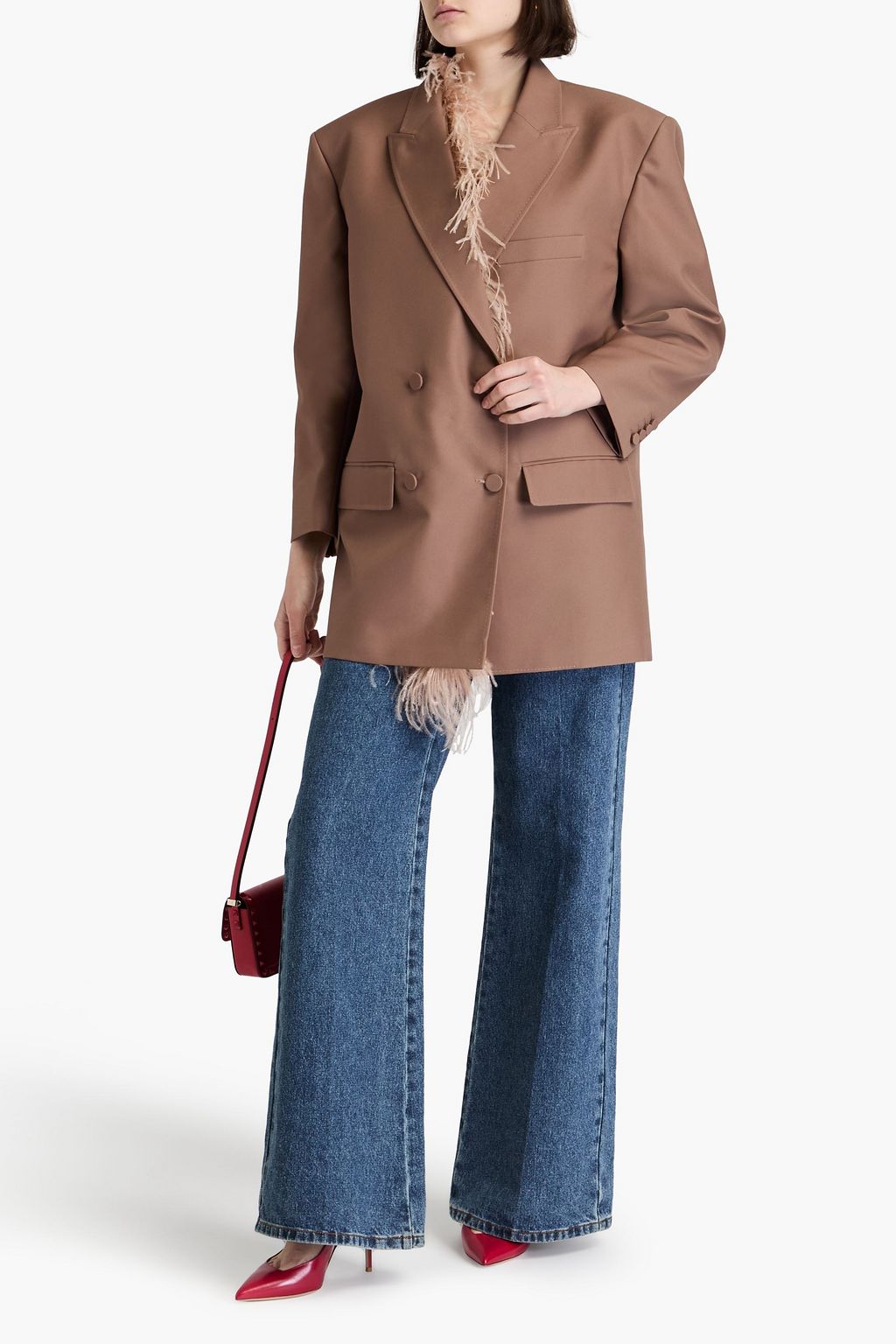 VALENTINO GARAVANI Doppelreihiger Blazer aus Grain de Poudre mit Federbesatz