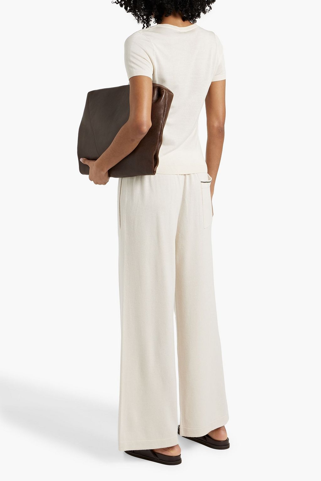 BRUNELLO CUCINELLI Bead-embellished wool, cashmere and silk-blend wide-leg pants
