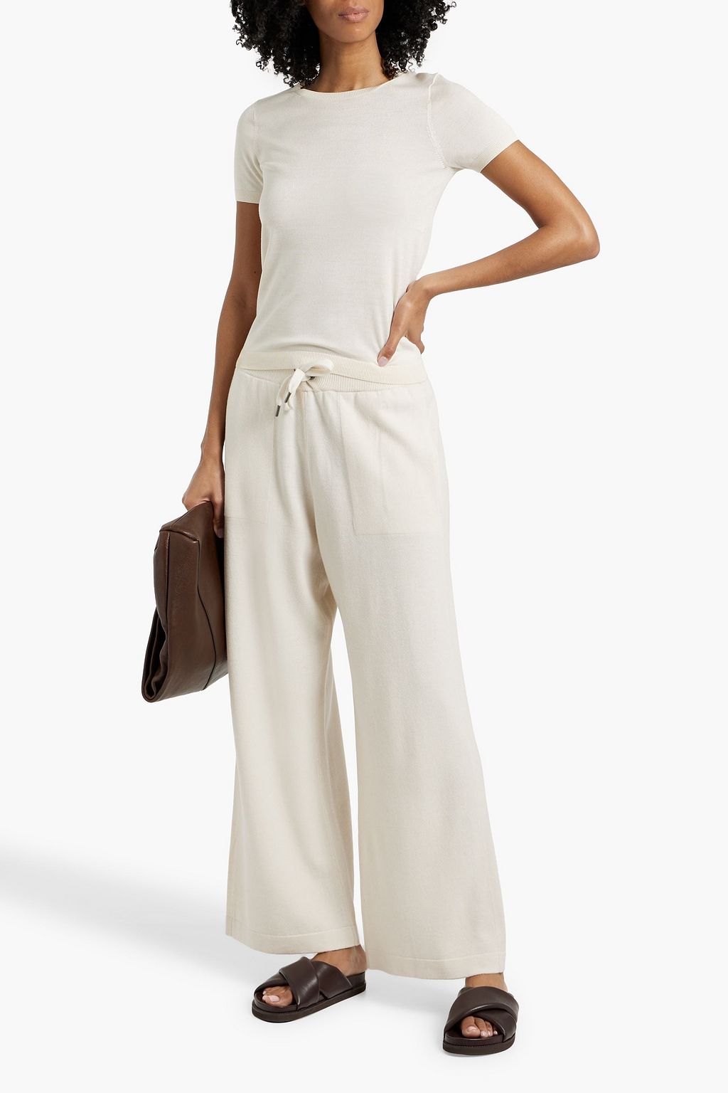 BRUNELLO CUCINELLI Bead-embellished wool, cashmere and silk-blend wide-leg pants