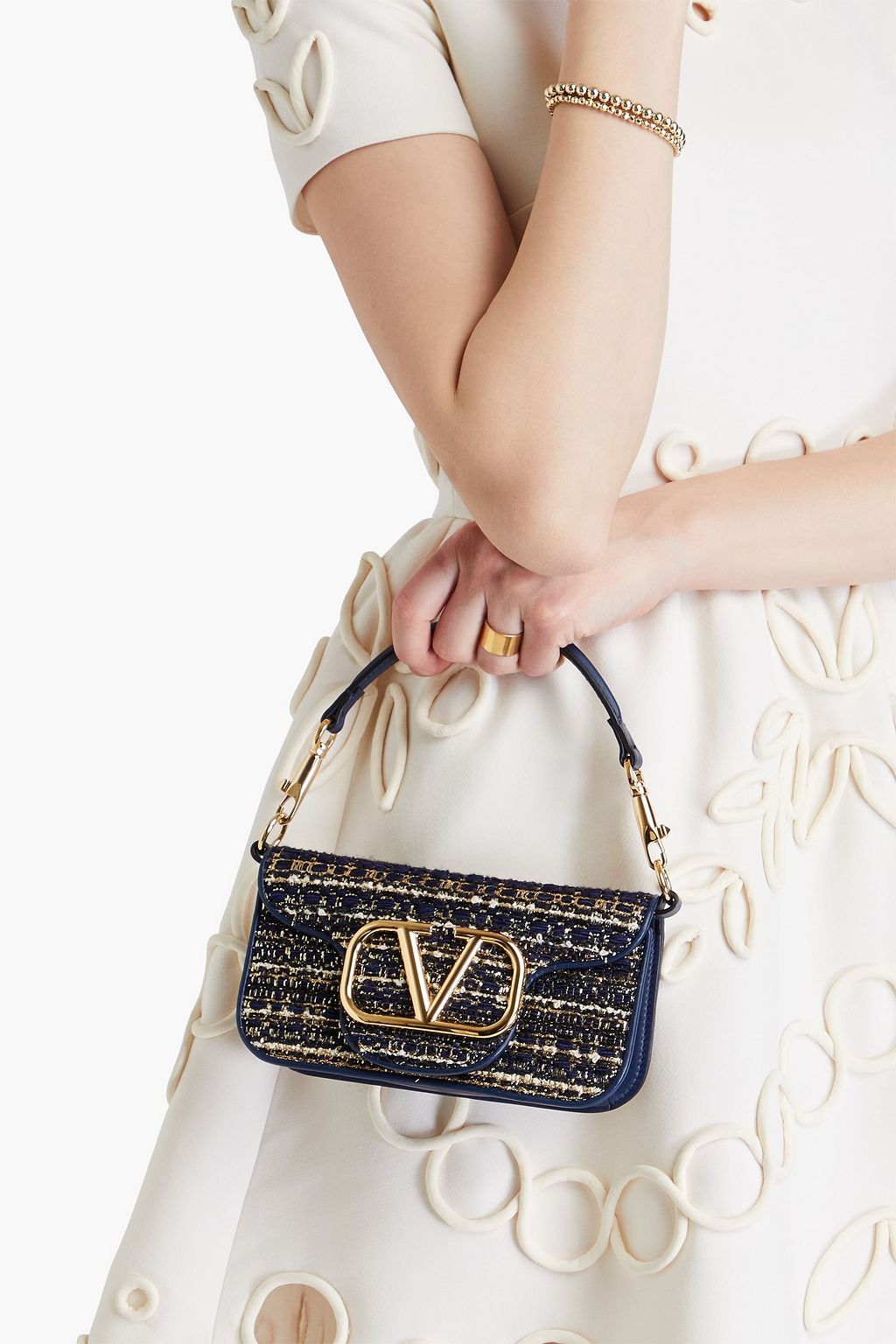 VALENTINO GARAVANI Locò small leather and metallic tweed shoulder bag