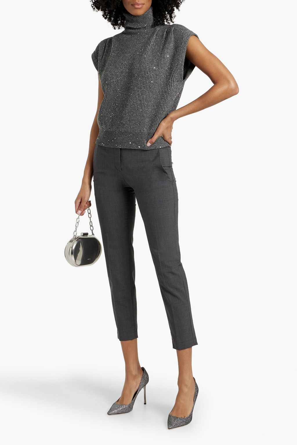 BRUNELLO CUCINELLI Sequin-embellished metallic ribbed-knit turtleneck vest