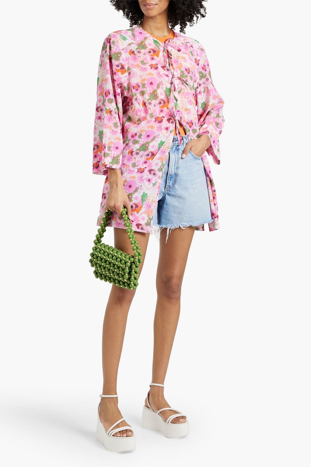 GANNI Tie-detailed floral-print cotton top
