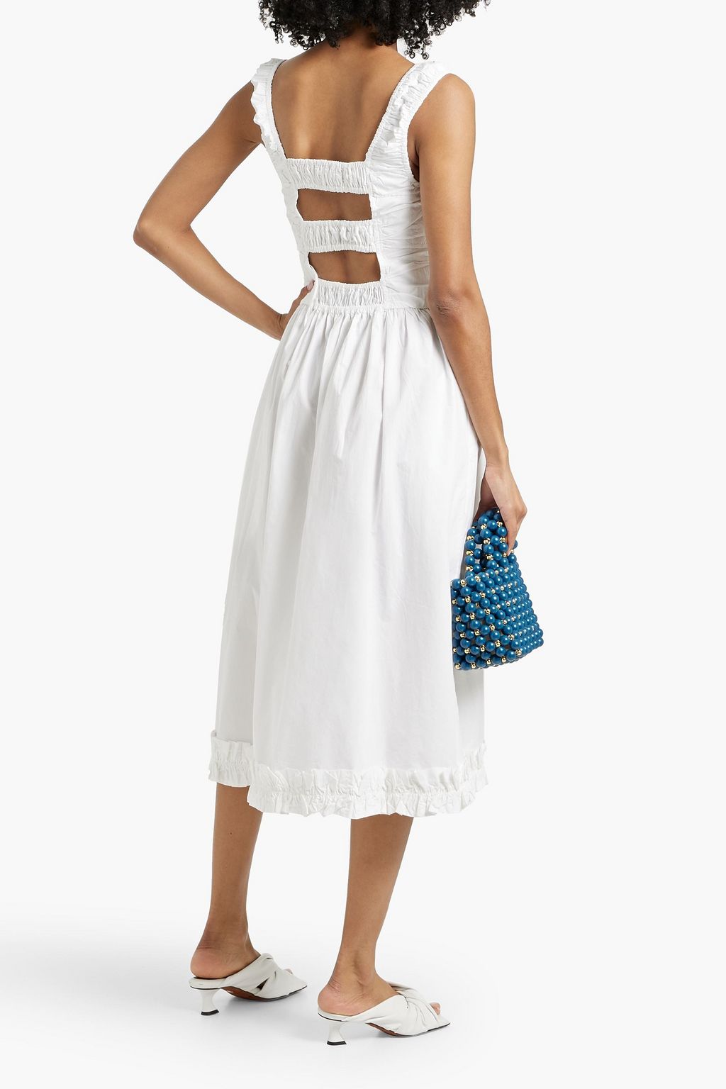 GANNI Shirred cutout cotton-poplin midi dress