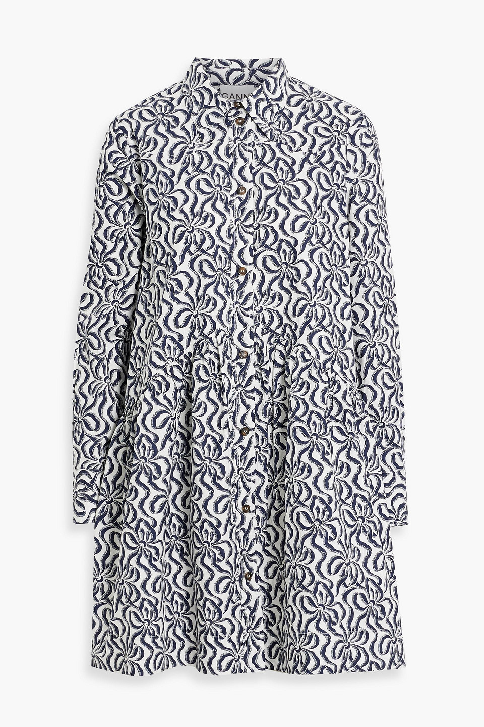 Ganni Printed Cotton-poplin Mini Shirt Dress In Navy