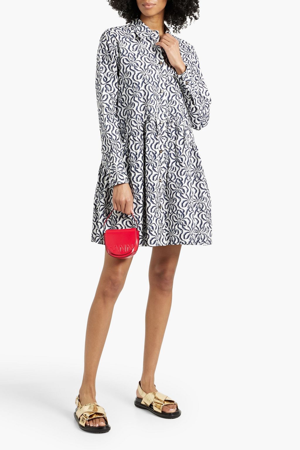GANNI Printed cotton-poplin mini shirt dress