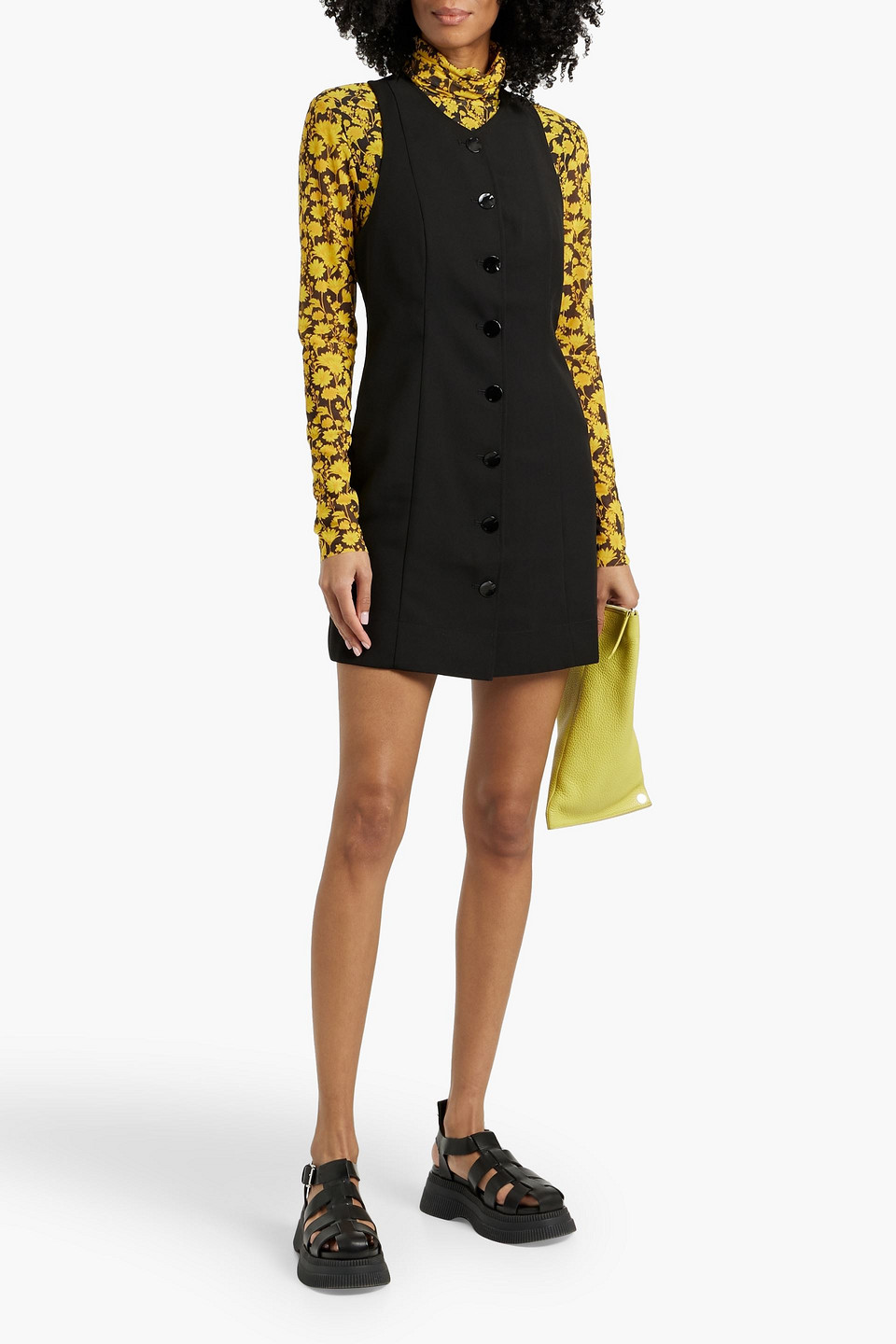 Ganni Sleeveless Twill Dress With Button Front In Black