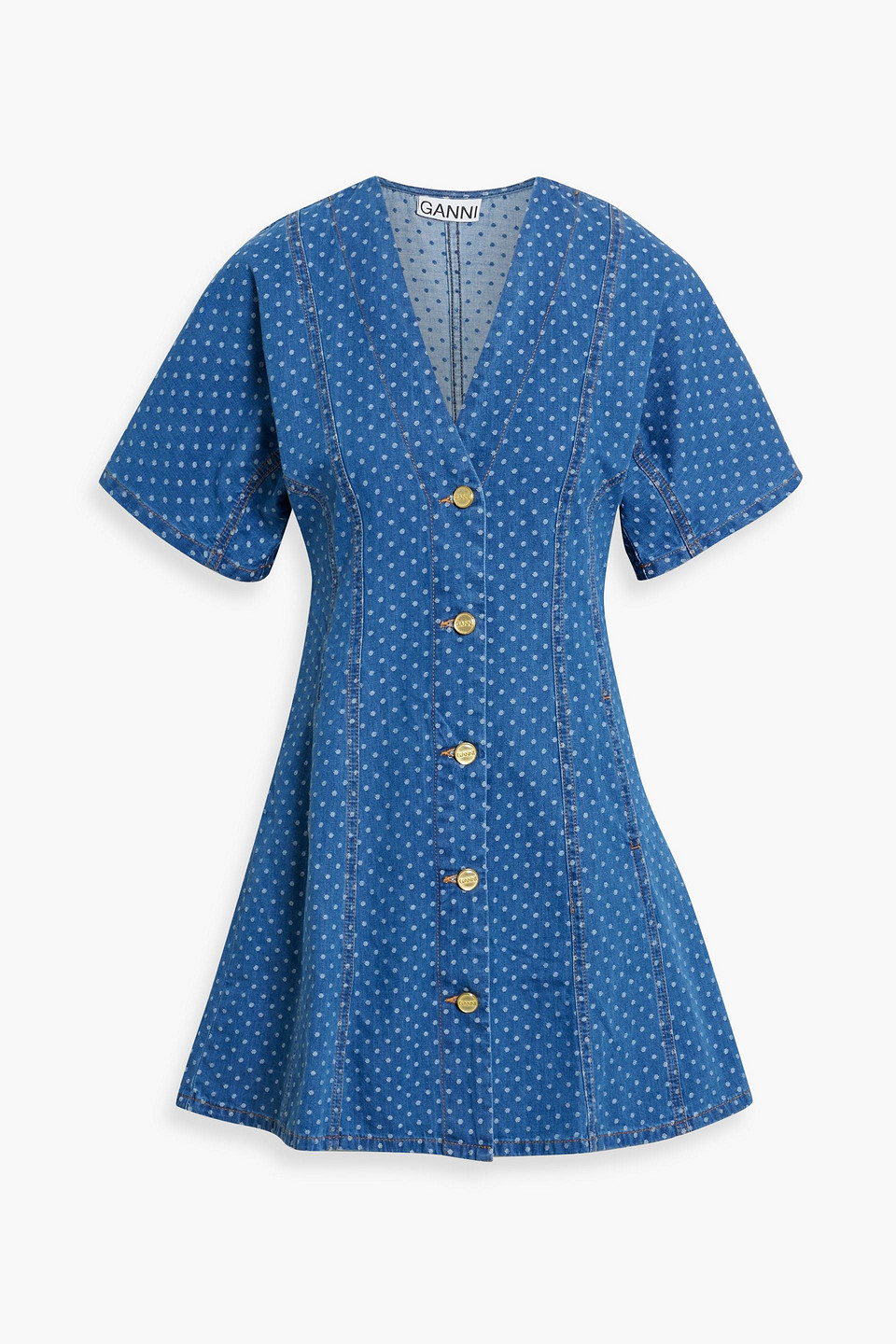 Polka-dot denim-jacquard mini dress